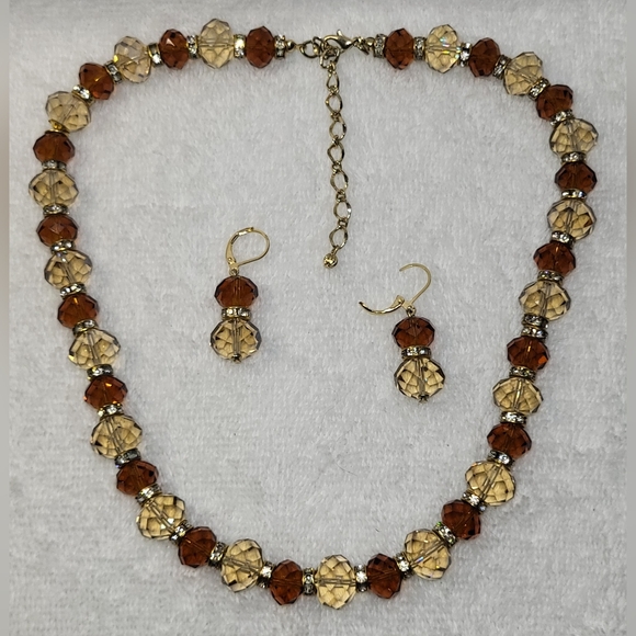 Topaz and Smoke Beaded Necklace and Dangle Earrings Set / Pierced - Picture 2 of 4